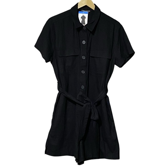 Matty M Linen Blend Button Front Romper L Black Belted Multi Pocket NWT - Picture 1 of 7